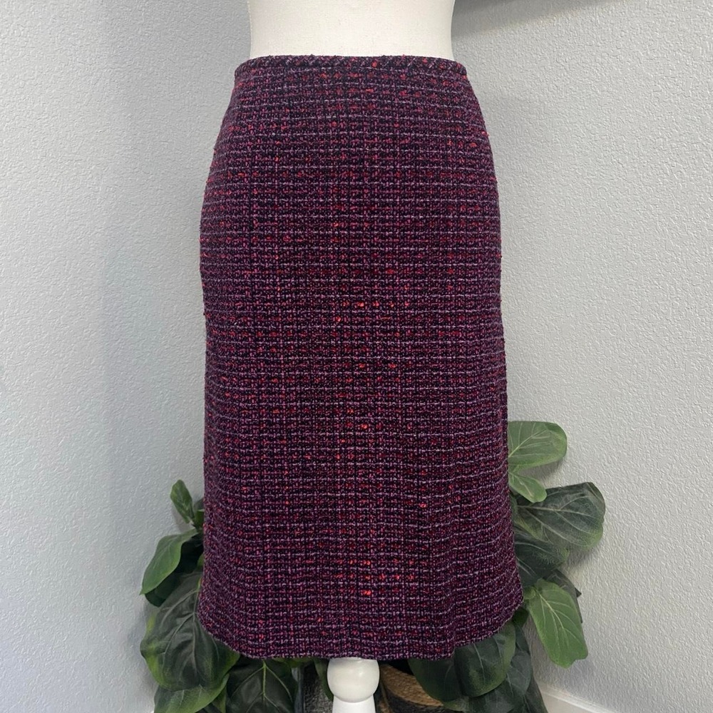 LE SUIT TWEED A LINE PENCIL SKIRT BURGUNDY PURPLE RED ZIPPER CLOSURE SLIT HEM